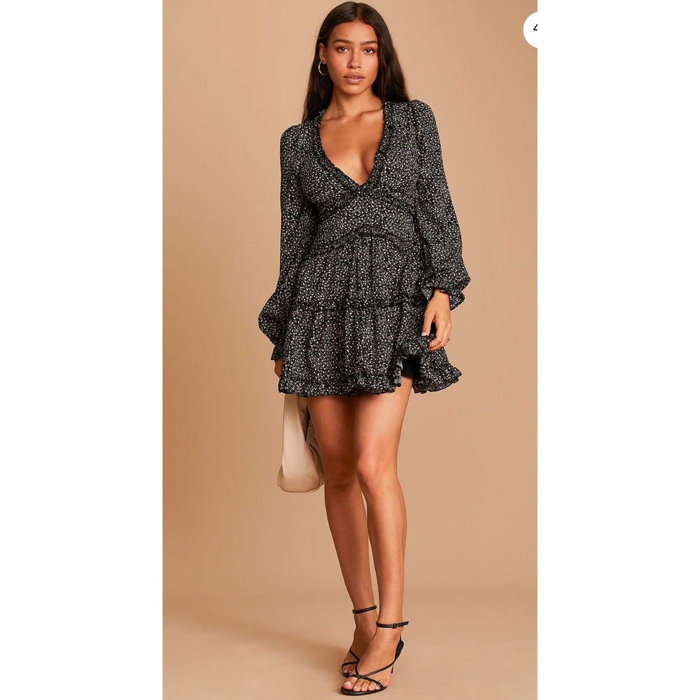 Lulus Floral‎ Ruffle Long Sleeve Mini Dress Romantic Fall Party XS